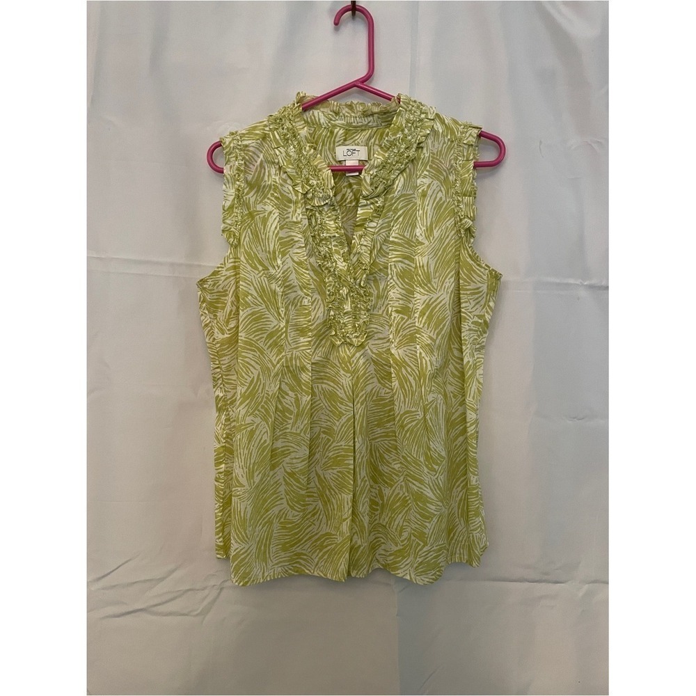 LOFT Green and White Leaf Print Ruffle V-Neck Sleeveless Top